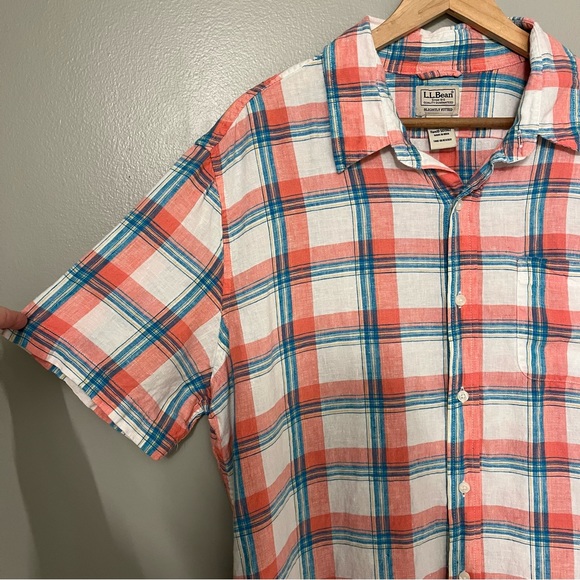 LL Bean Mens Colorful Plaid 100% Linen Short Sleeve Casual Button Front Shirt XL - Picture 3 of 12